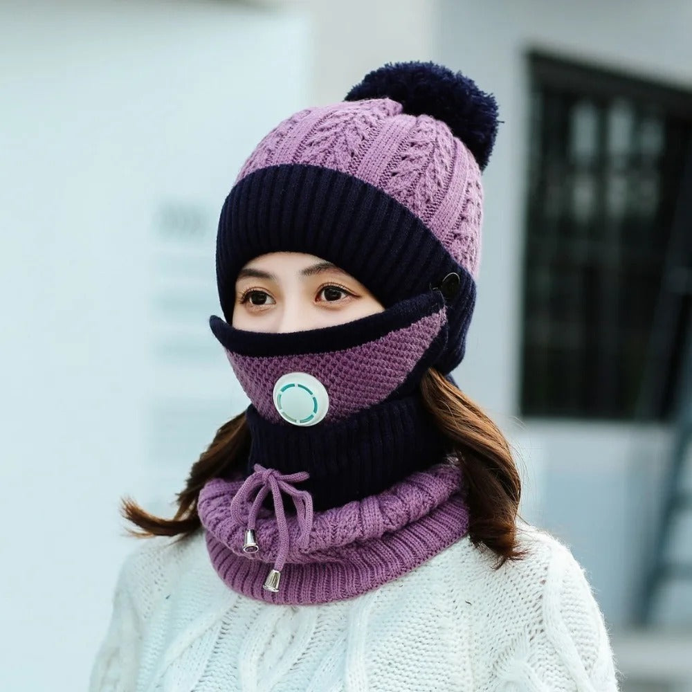 Fleece-Lined Knitted Beanie & Integrated Scarf Set