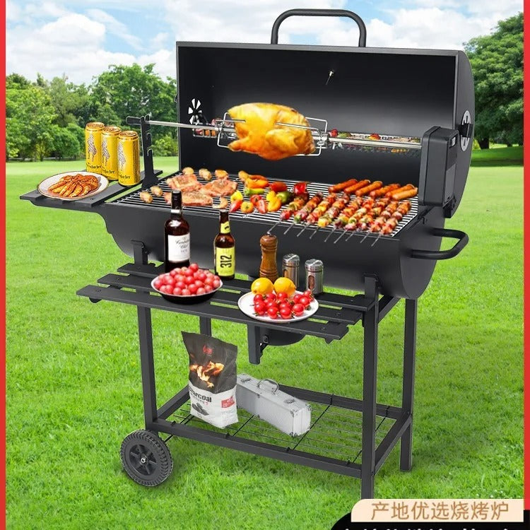 Monster Barrel BBQ Grill with Automatic Rotisserie & Skewer Station