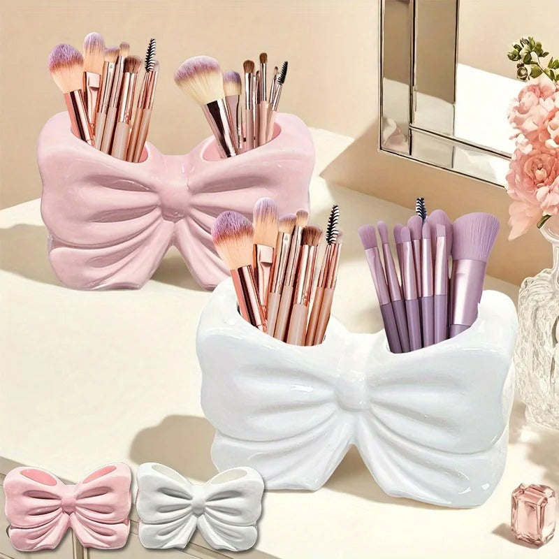 Elegant Bow Accent Multi-Purpose Organizer – Chic Desktop & Vanity Storage