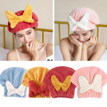 Colorful microfiber hair drying caps with bows for quick-dry and frizz-free hair care.