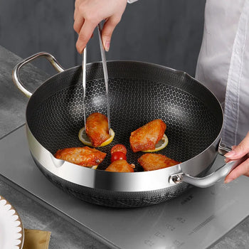 Premium Honeycomb Stainless Steel Non-Stick Cooking Pan - Professional Skillet with Tempered Glass Lid - Trenducts.pk
