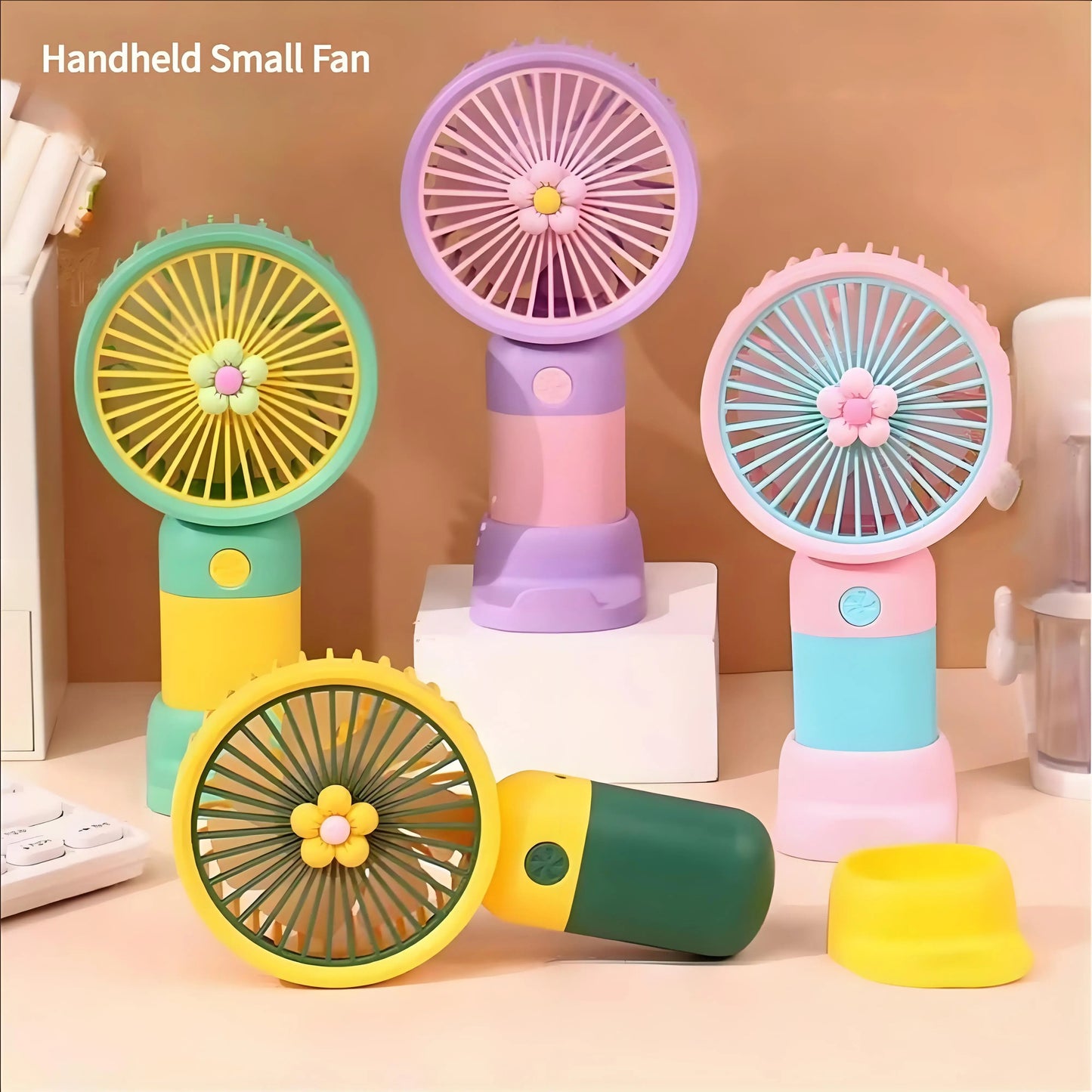 Mini Rechargeable Handheld Fan – Portable USB Personal Fan with Desktop Stand (Random Color)