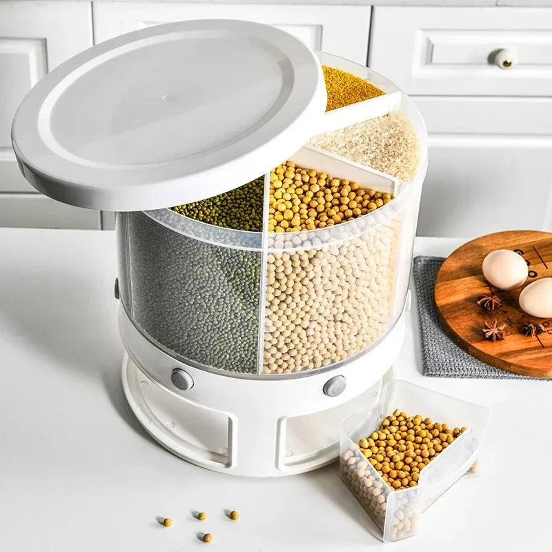 360° Rotating Cereal Dispenser: 6-Compartment Dry Food Bin