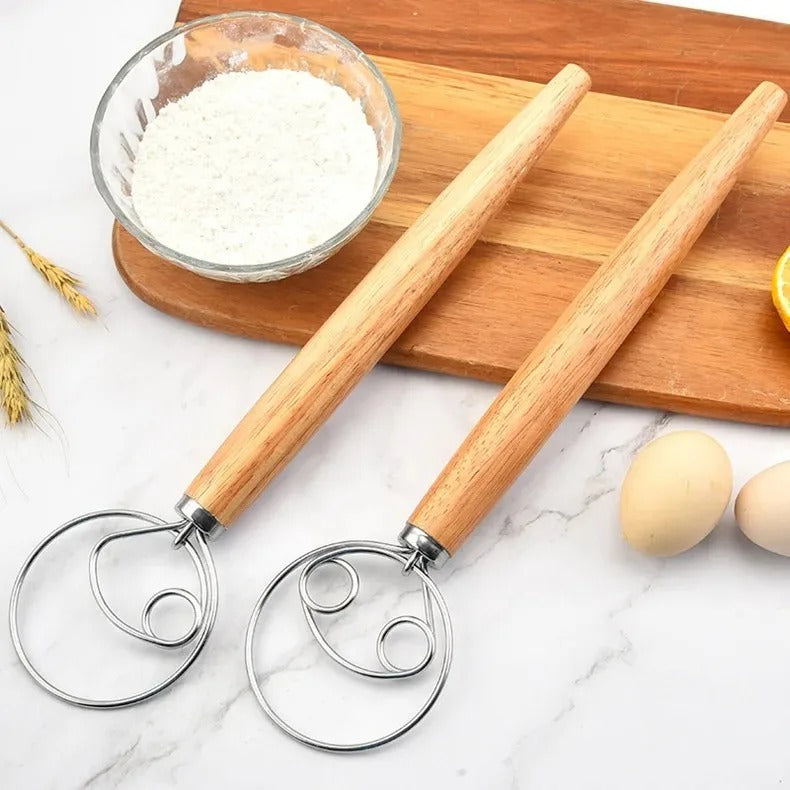 Dough Whisk – Stainless Steel Dutch Dough Mixer with Wooden Handle