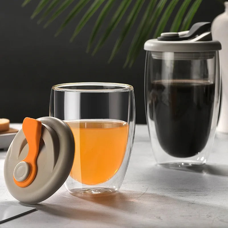 Insulated Double-Wall Borosilicate Glass Mug with Lid