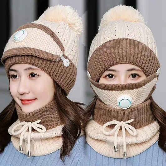 Fleece-Lined Knitted Beanie & Integrated Scarf Set