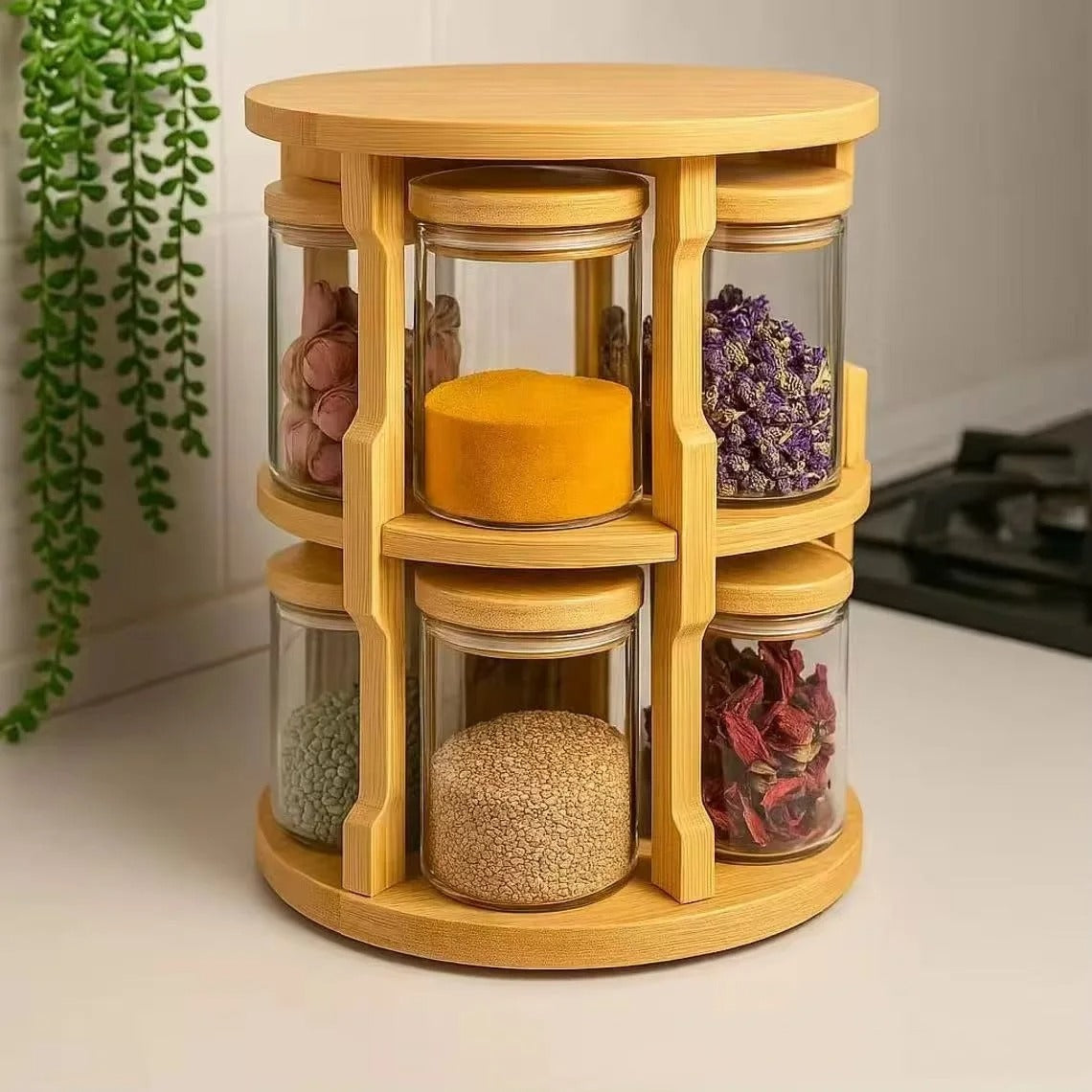 360° Rotatable Spice Jar Set – 10-Piece Bamboo Organizer