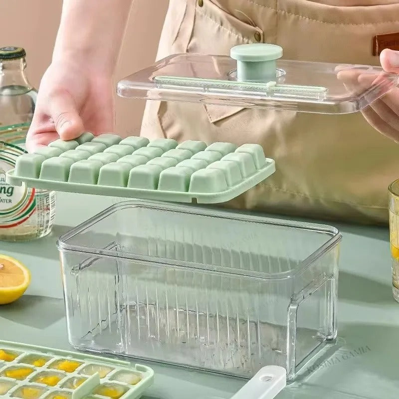 Press-Type Ice Cube Maker Mold with Storage Bin & Scoop