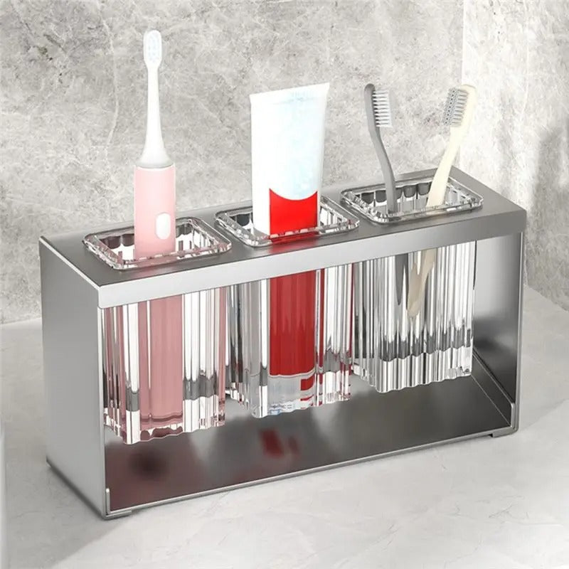 Luxury Acrylic Cutlery Organizer – 3-Compartment Spoon Holder with Gold-Finish Metal Stand for Dining Table