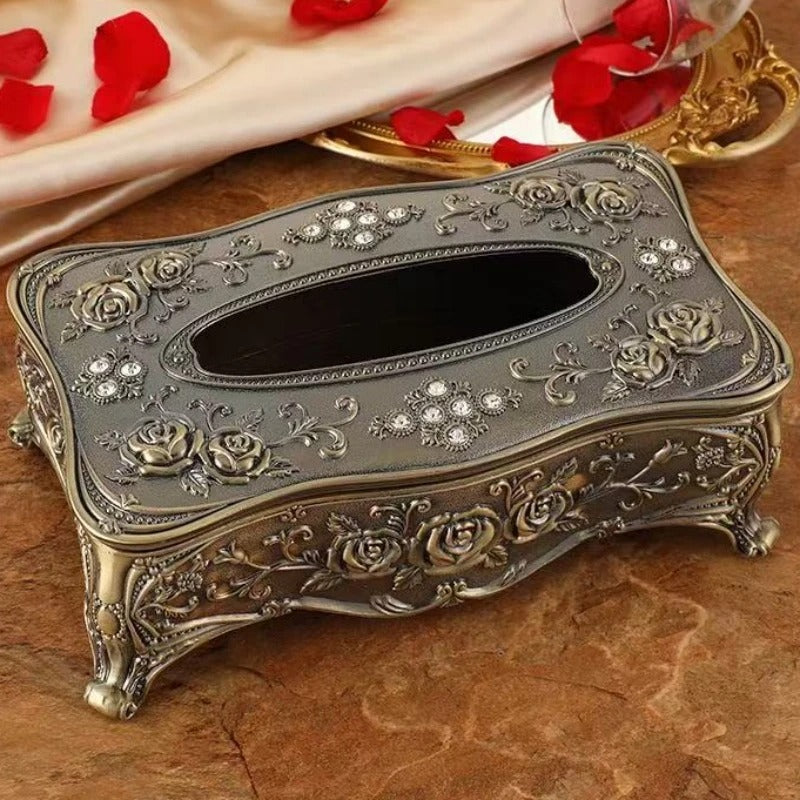 Royal Antique Metal Tissue Box – Vintage Floral Centerpiece