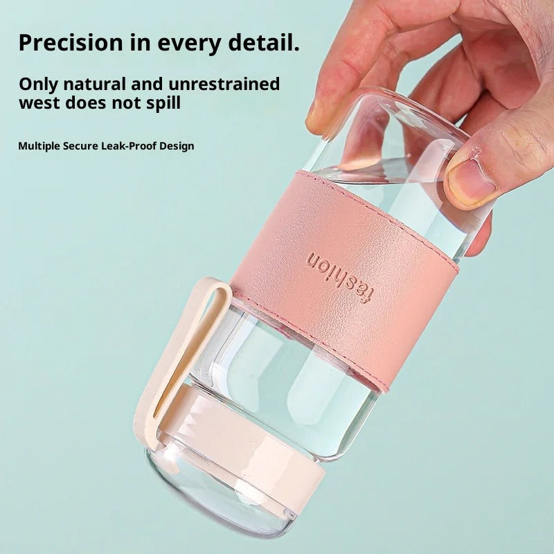 Glass Water Bottle with Leather Sleeve & Rope Handle (320ml)