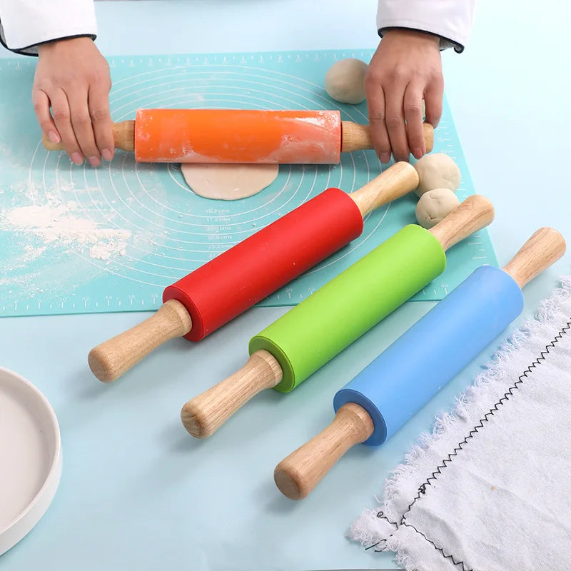 Non-Stick Silicone Rolling Pin (Belan) with Wooden Handles