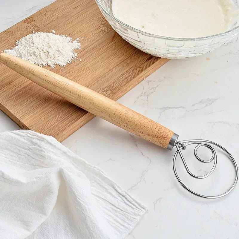 Dough Whisk – Stainless Steel Dutch Dough Mixer with Wooden Handle