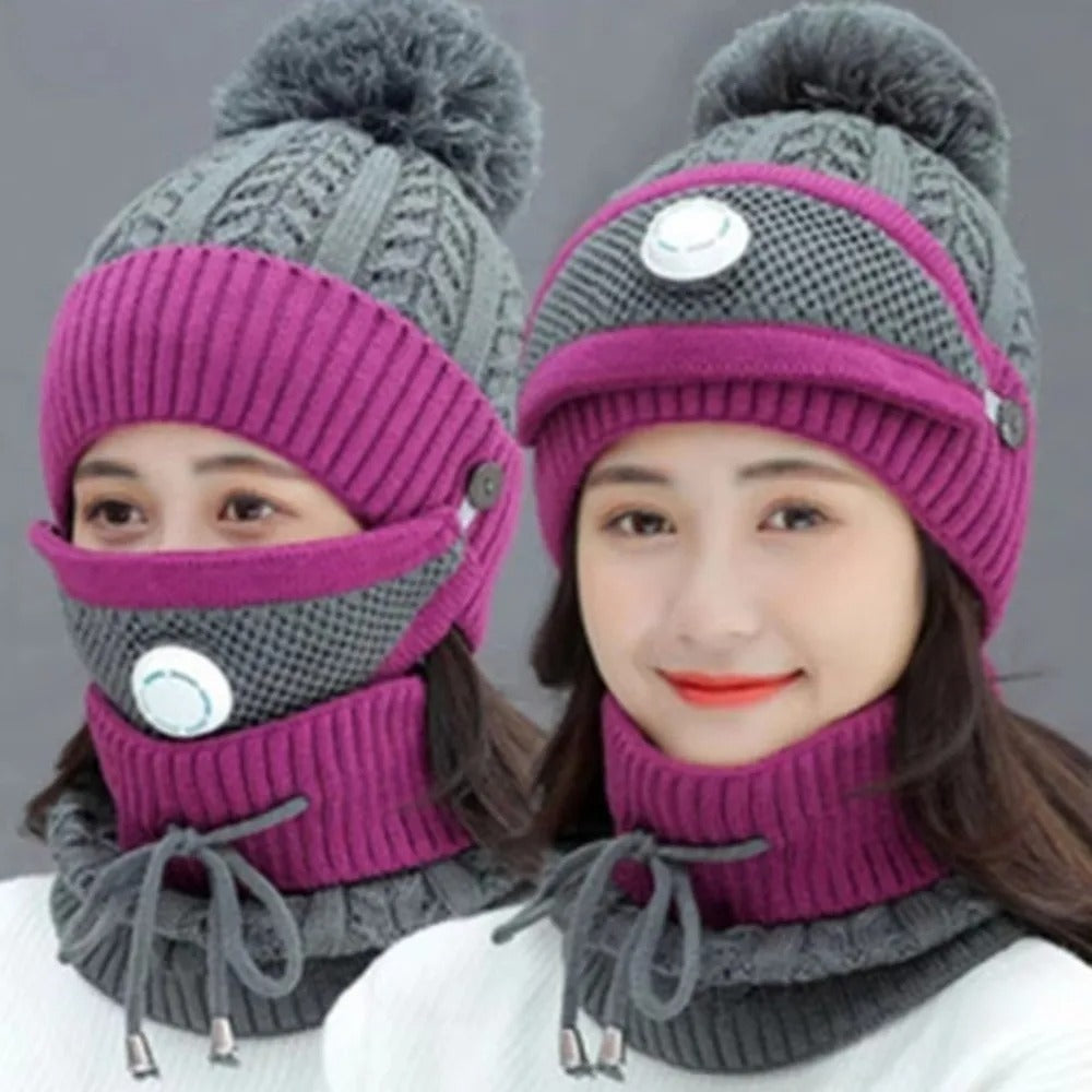 Fleece-Lined Knitted Beanie & Integrated Scarf Set