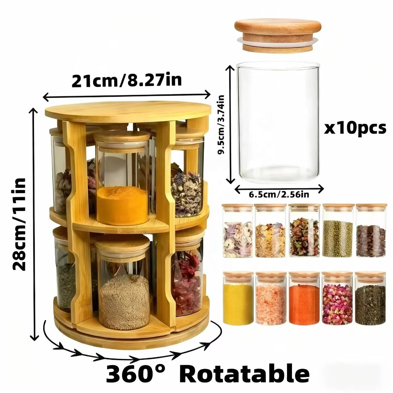 360° Rotatable Spice Jar Set – 10-Piece Bamboo Organizer