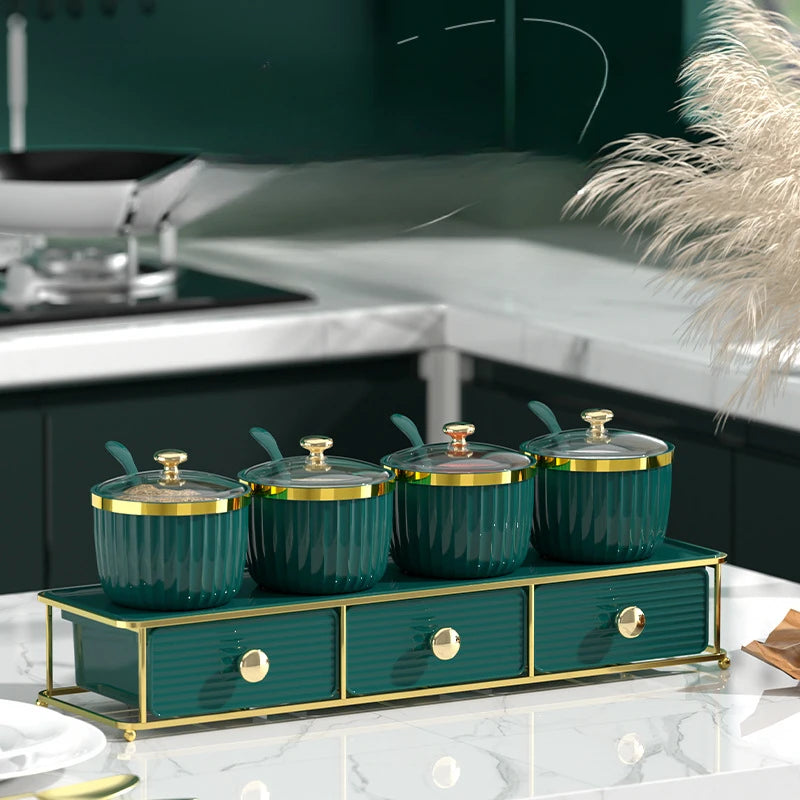 Luxury 2-Tier Spice Jar Set with Radiant Golden Metal Stand