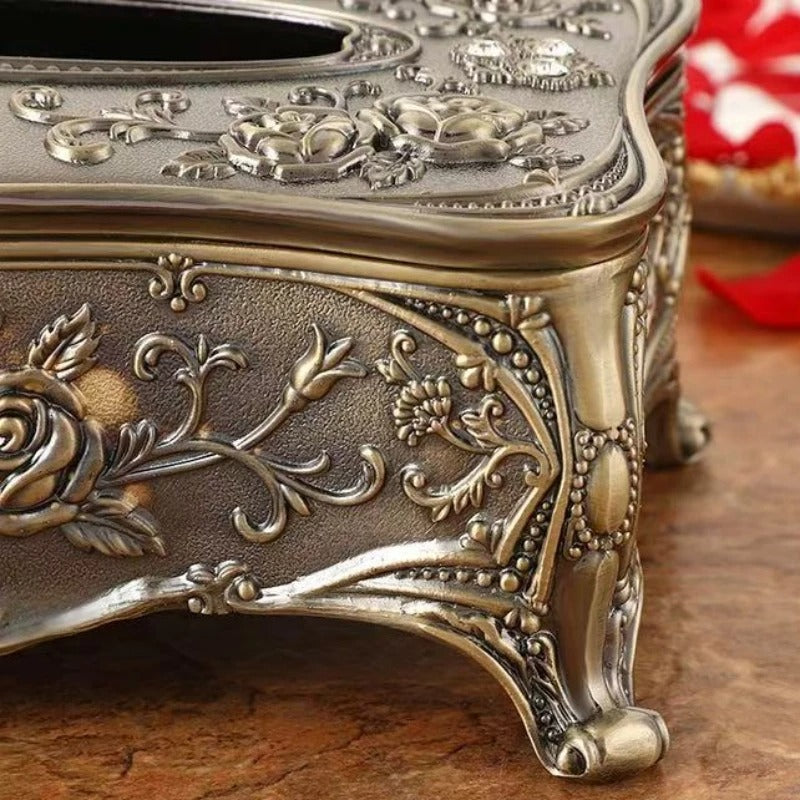 Royal Antique Metal Tissue Box – Vintage Floral Centerpiece