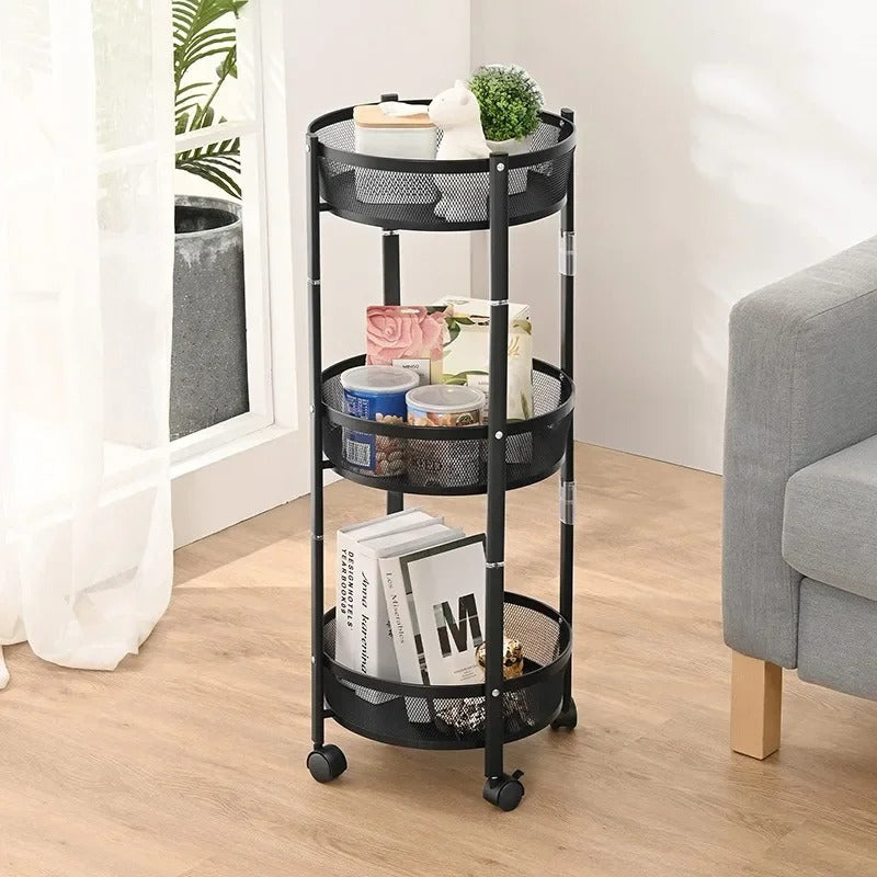 Black multi-layer folding round kitchen storage rack with wheels for vegetables and snacks Trenducts Pakistan