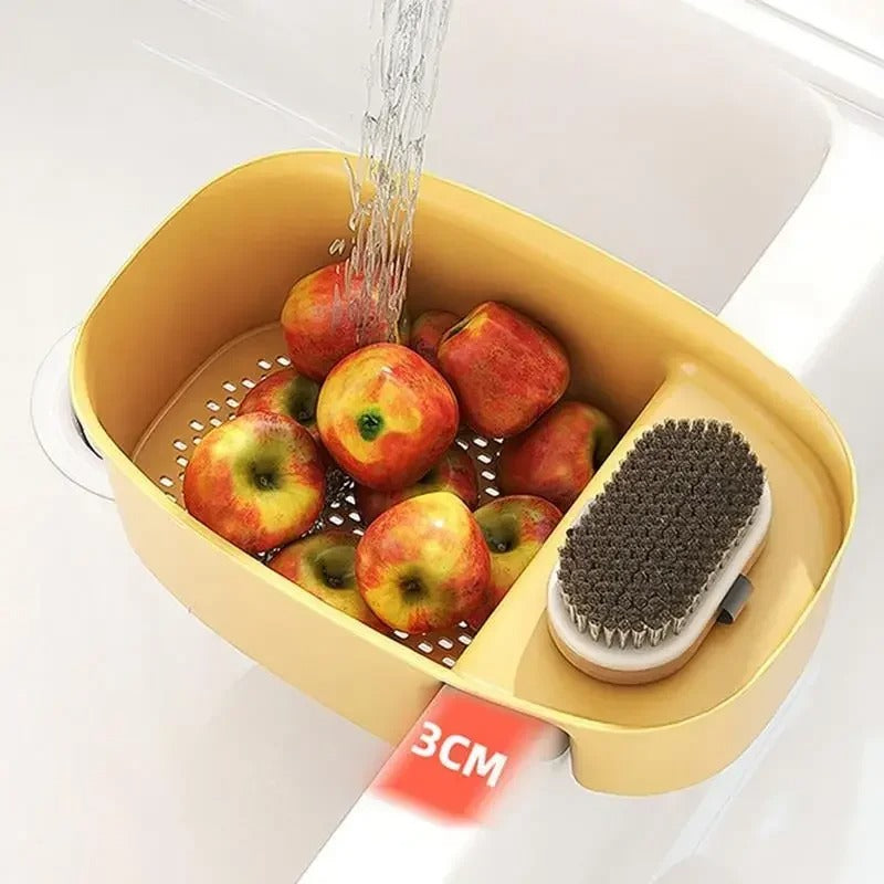 Saddle-Style Double Sink Drain & Storage Basket