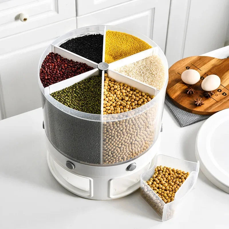 360° Rotating Cereal Dispenser: 6-Compartment Dry Food Bin