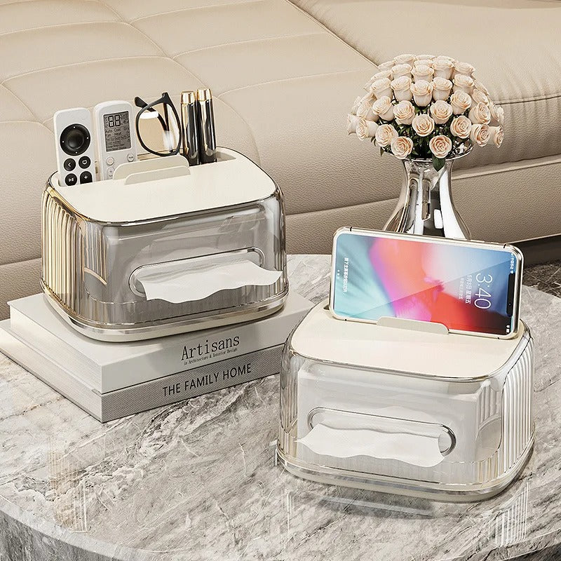 Multifunctional Tissue Box Organizer – Integrated Desktop Holder & Remote Caddy