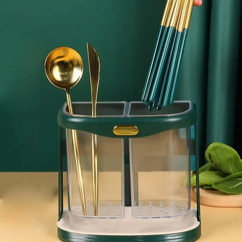 Modern Cutlery Holder – Dual-Slot Kitchen Utensil Organizer with Drip Tray & Gold Accents