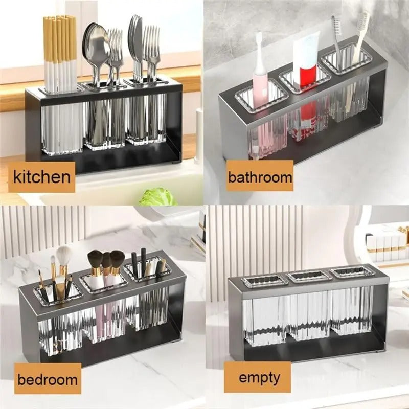 Luxury Acrylic Cutlery Organizer – 3-Compartment Spoon Holder with Gold-Finish Metal Stand for Dining Table