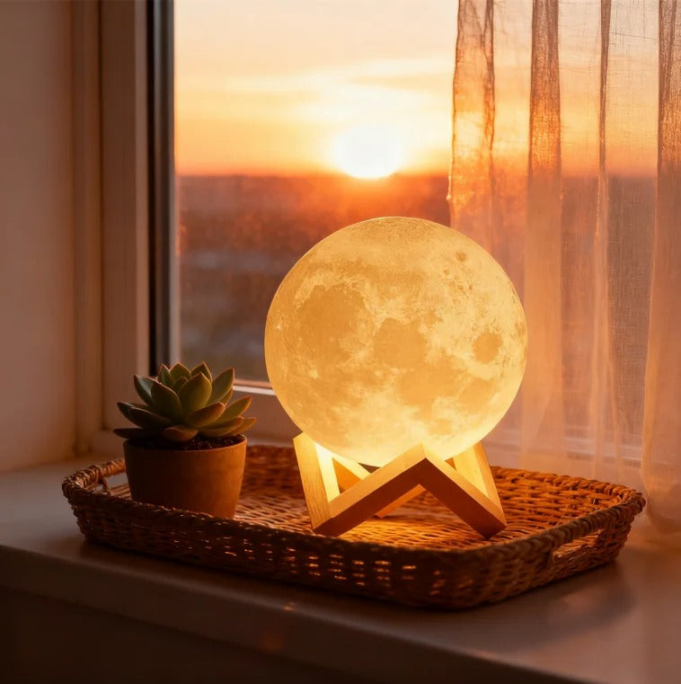 3D Printed Rechargeable Moon Lamp with Geometric Wooden Stand