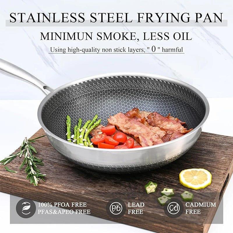Premium Honeycomb Stainless Steel Wok Pan - Nonstick Large Deep Stir Frying Skillet
