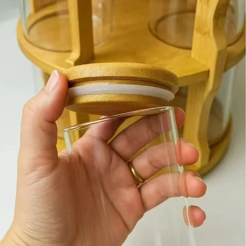 360° Rotatable Spice Jar Set – 10-Piece Bamboo Organizer