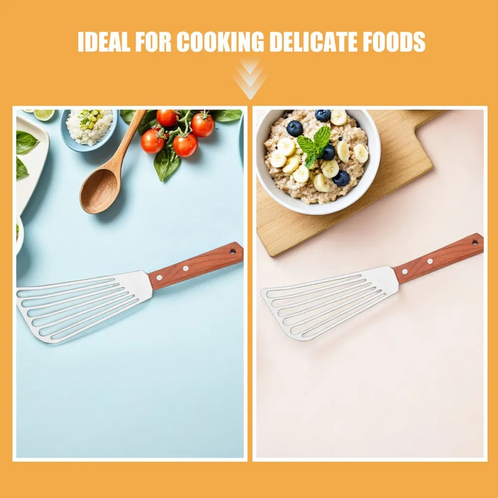Stainless Steel Slotted Fish Spatula – Flexible Professional Turner with Wooden Handle