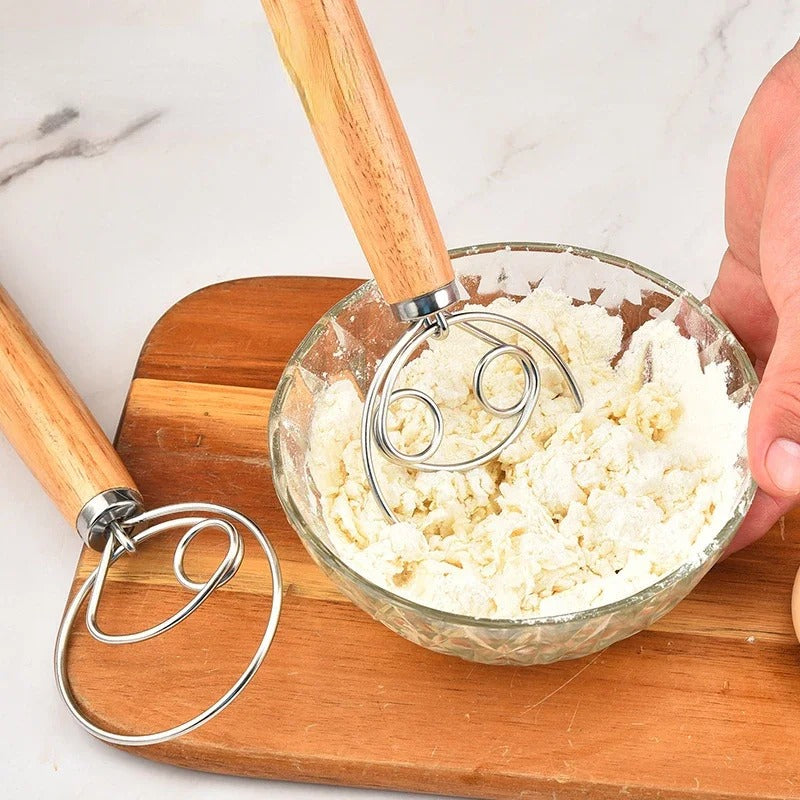 Dough Whisk – Stainless Steel Dutch Dough Mixer with Wooden Handle