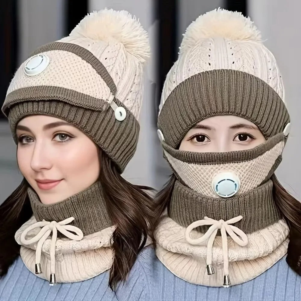 Fleece-Lined Knitted Beanie & Integrated Scarf Set