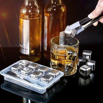6-Piece Reusable Stainless Steel Ice Cube Set with Tong