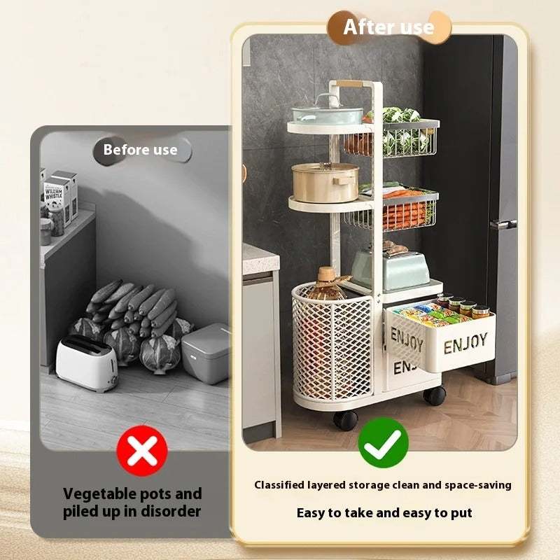 Multi-Functional Floor Standing Metal Kitchen Storage Trolley - Rolling Vegetable & Fruit Organizer with Drawer