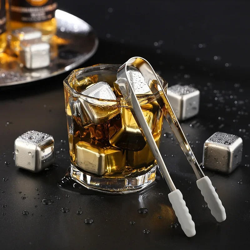 6-Piece Reusable Stainless Steel Ice Cube Set with Tong