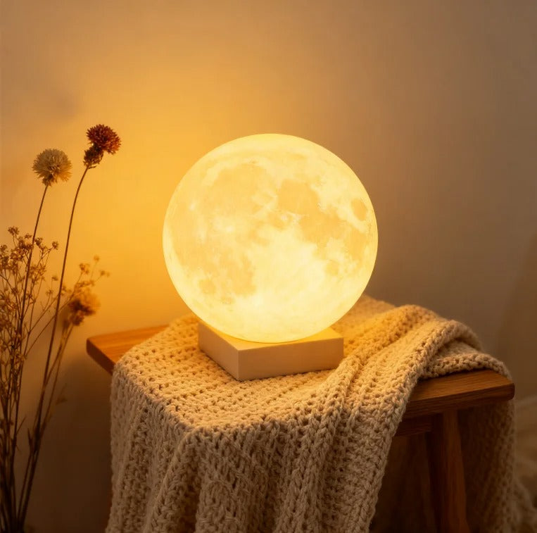 3D Printed Rechargeable Moon Lamp with Geometric Wooden Stand