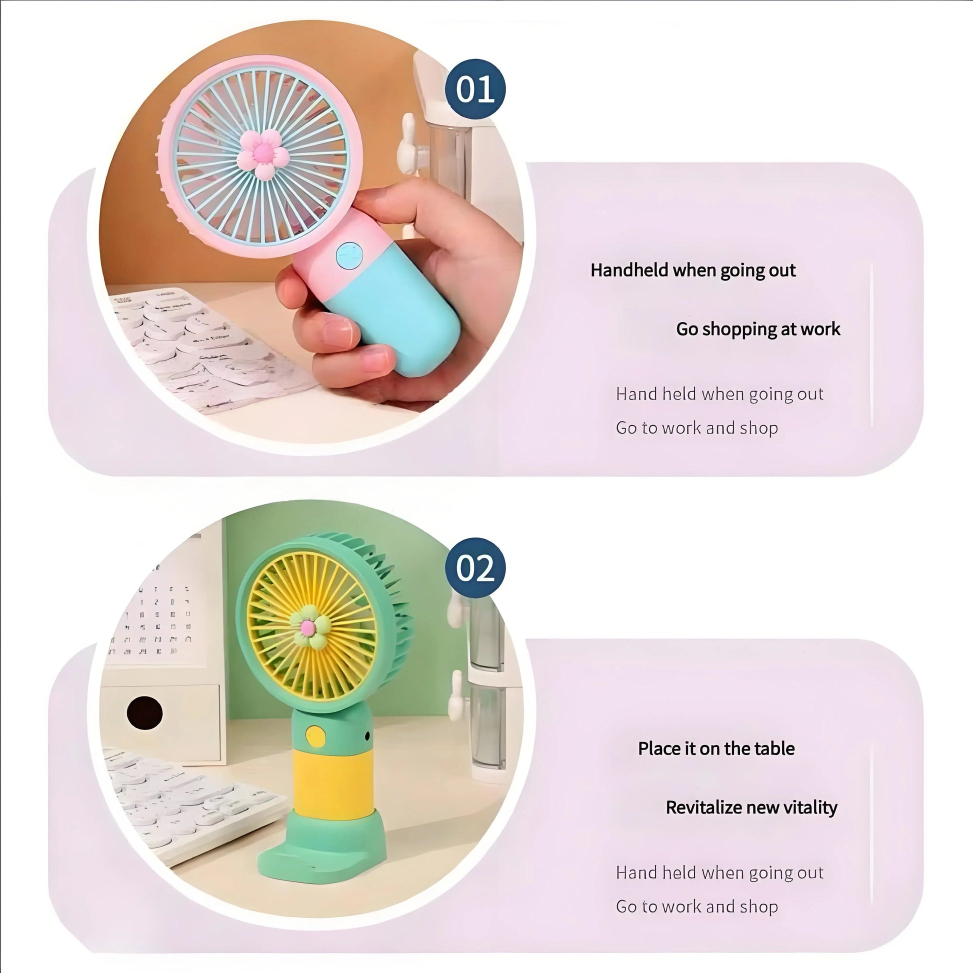 Mini Rechargeable Handheld Fan – Portable USB Personal Fan with Desktop Stand (Random Color)