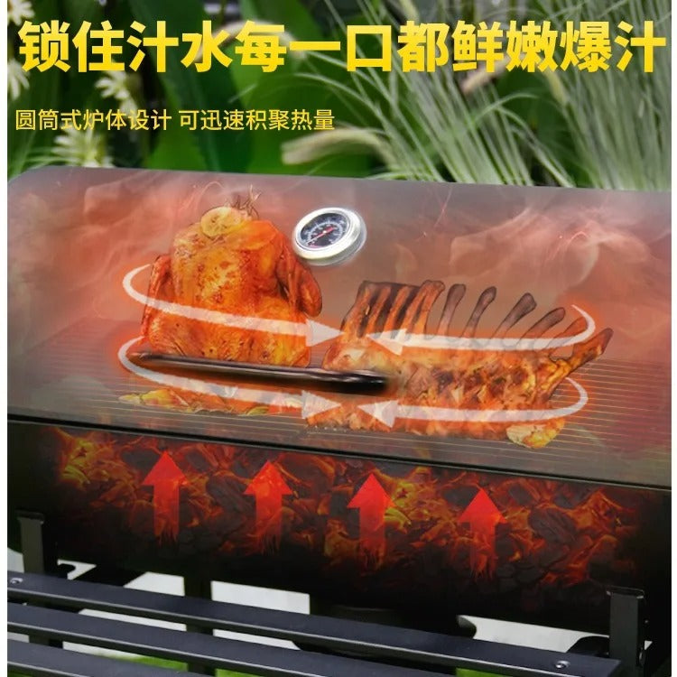 Monster Barrel BBQ Grill with Automatic Rotisserie & Skewer Station