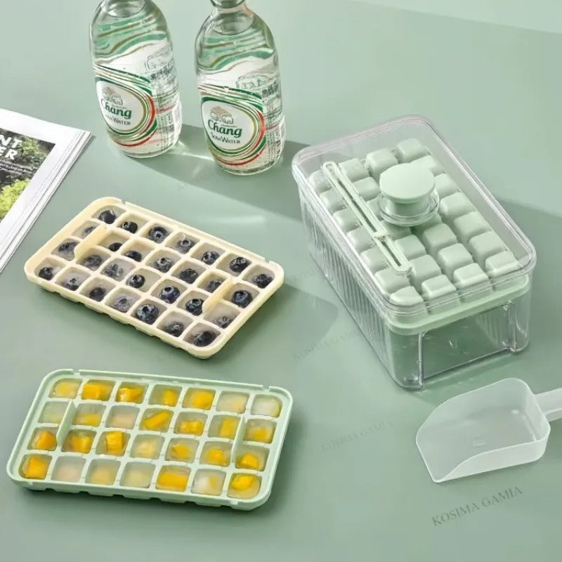 Press-Type Ice Cube Maker Mold with Storage Bin & Scoop
