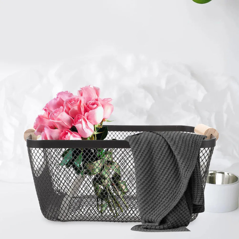 Minimalist Mesh Iron Storage Basket with Wooden Handles