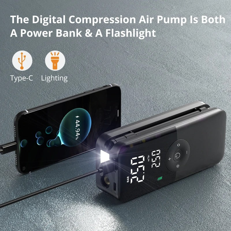 Smart Portable Rechargeable Air Compressor – 2000mAh Mini Digital Inflator & Power Bank Emergency Kit