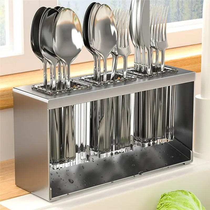 Luxury Acrylic Cutlery Organizer – 3-Compartment Spoon Holder with Gold-Finish Metal Stand for Dining Table