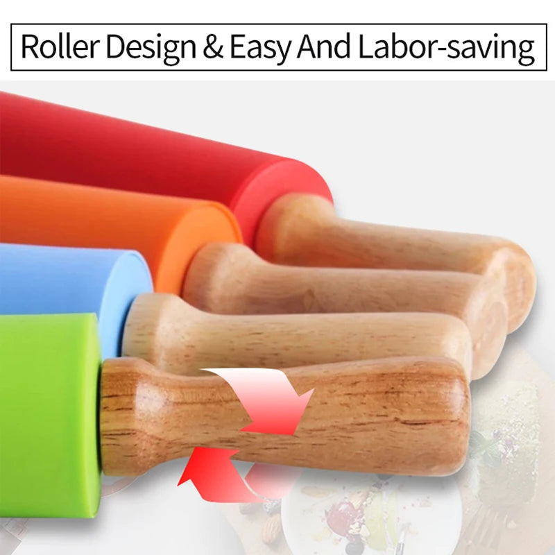 Non-Stick Silicone Rolling Pin (Belan) with Wooden Handles