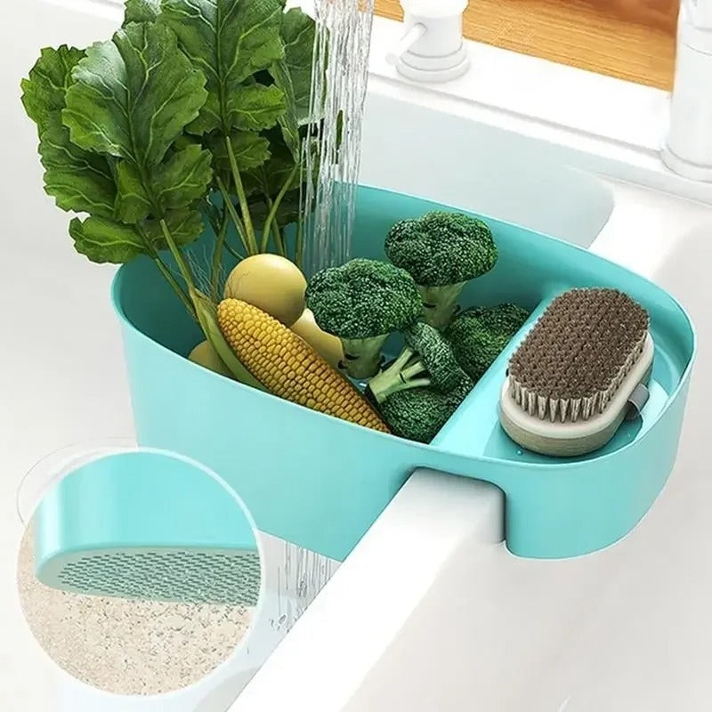Saddle-Style Double Sink Drain & Storage Basket