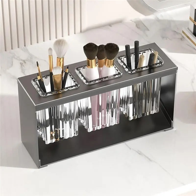 Luxury Acrylic Cutlery Organizer – 3-Compartment Spoon Holder with Gold-Finish Metal Stand for Dining Table