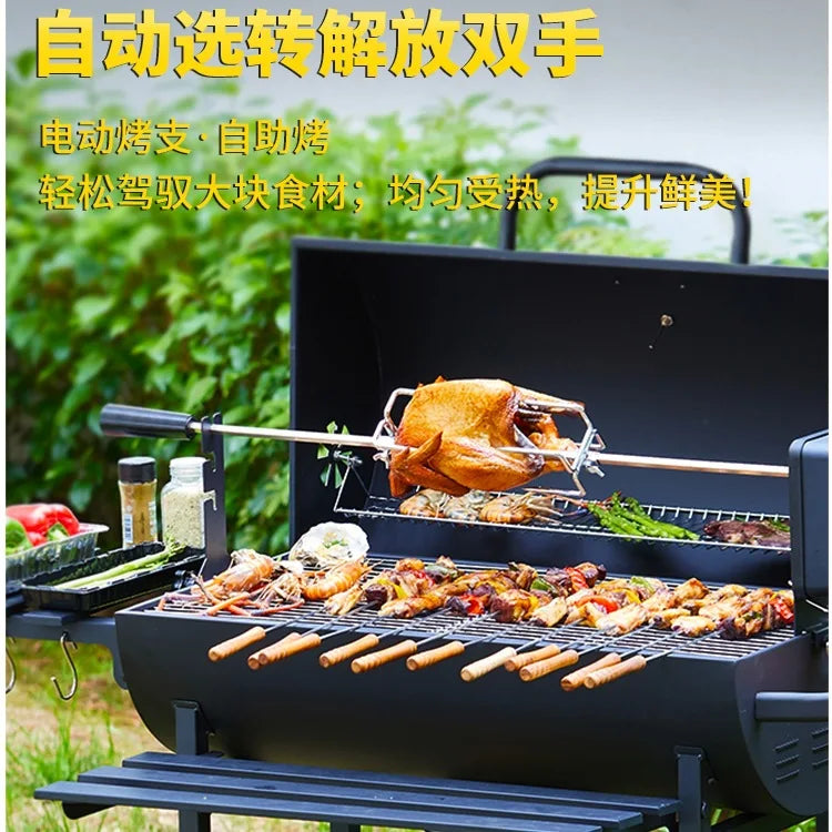 Monster Barrel BBQ Grill with Automatic Rotisserie & Skewer Station