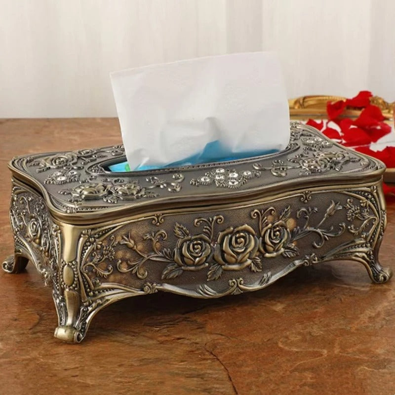 Royal Antique Metal Tissue Box – Vintage Floral Centerpiece
