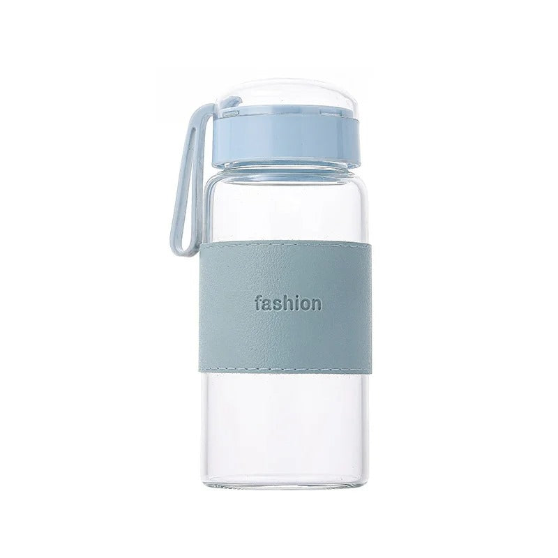 Glass Water Bottle with Leather Sleeve & Rope Handle (320ml)