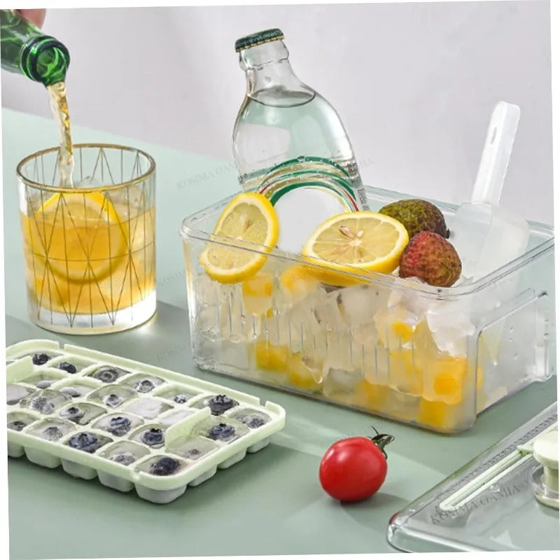 Press-Type Ice Cube Maker Mold with Storage Bin & Scoop